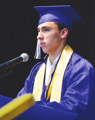 Shane Johnson, son of Micah and Melissa Johnson, delivers his valedictorian speech at the 2021 Sulphur Bluff graduation ceremony Friday night.