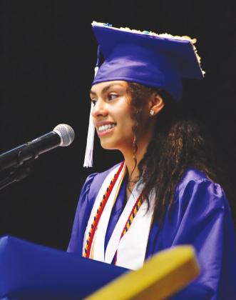 Jada Wade, daughter of Jerry and Leticia Wade, delivers her salutatorian speech at the 2021 Sulphur Bluff graduation ceremony Friday night. Staff photos by Todd Kleiboer