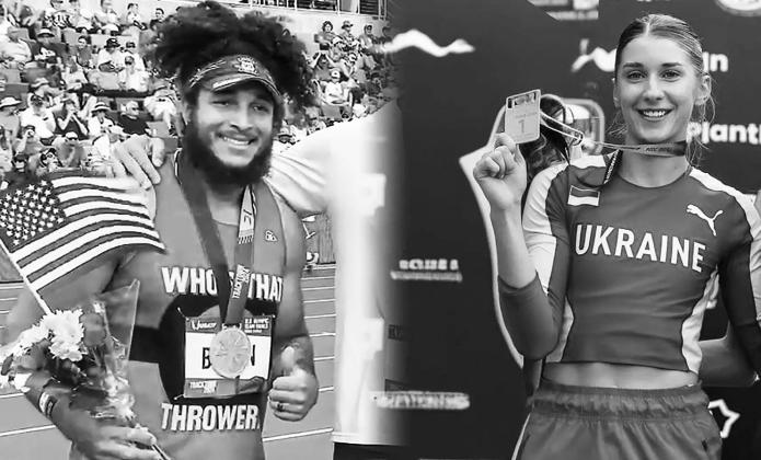 Texas A&M University-Commerce Track and Field alumni Josh Brown (left) and Mariana Shostak qualified for the 2024 Summer Olympics in Paris this past weekend. Brown will represent the United States in the discus throw, while Shostak will represent Ukraine in the 4x400-meter relay. Lion Athletics Photos