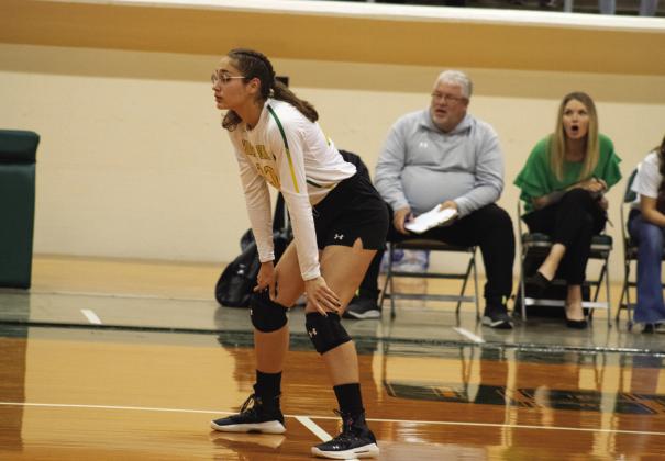 I'M READY — Aleah Sotelo (22) awaits the serve during the Lady Hornets' Regional Semifinal game Friday. Sotelo was one of two senior Lady Hornets that played their final high school volleyball game Friday. Photo by DJ Spencer