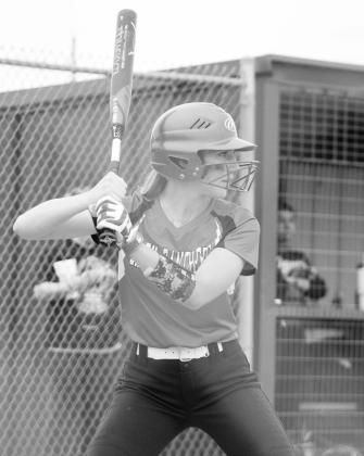 Senior Morgan Burnett (5) takes her stance in the batter's box during the Lady Panthers' game against Bland Friday. In her final home game, Burnett batted 2/4, scored two runs, and recorded two RBIs in the Lady Panthers' 14-0 victory.