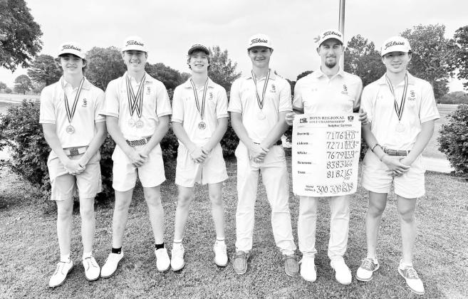 The Sulphur Springs Wildcats golf team took second place at the Regional meet, advancing to the State meet for the second consecutive year. Team members are, from left to right: Luke White, Gage Gideon, Nick Burney, Noah Newsom, head coach Jeremy DeLorge, and Tatum Tran. Courtesy/Ashley Burney