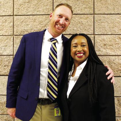 Demetra Johnson, right, a Sulphur Springs High School graduate currently teaching criminal justice classes at her alma mater, was recently approved to become one of SSHS' assistant principals when the 2024-2025 school year begins. Principal Brad Moughon, left, is one of her strong supporters. Staff photo by Tammy Vinson