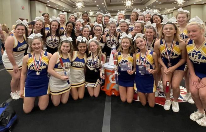 The Sulphur Springs High School Cheerleaders started out their summer at National Cheerleaders Association Camp, where they earned multiple awards. They were awarded the NCA Spirit Award, an honor given to only one team. They also brought home awards for Top Mascot Award, junior/senior group stunt competition winner, freshmen group stunt winner, Spirit Sticks for all three teams, six All-American Cheerleaders, 15 Al- American nominees and four leadership medals. Photos courtesy SSHS